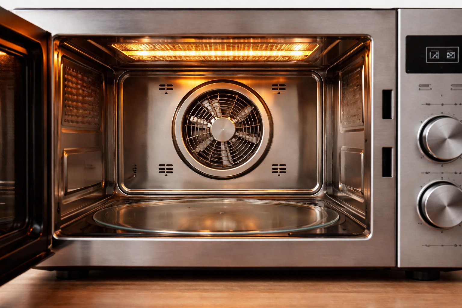 Mikrowelle mit Heißluftfunktion und Ventilator im geöffneten Garraum